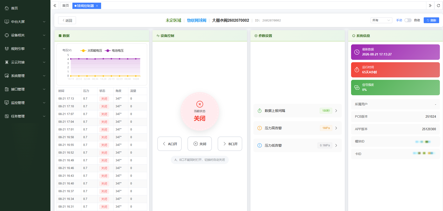 WEB 控制台：数据、远程控制、参数设置